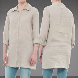 Tahari 100% Linen Button Front Shirt 1X Oatmeal Beige Classic Versatile Casual